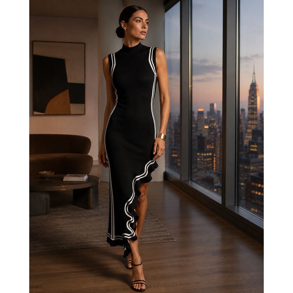 PH5 Monochrome Knit Asymmetrical Ruffle‎ Hem Midi Dress